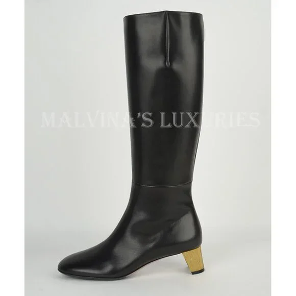 GUCCI BOOTS TALL ARIELLE GOLD MOON CRYSTAL HEEL BLACK LEATHER sz 37.5 7.5